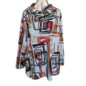 Jess & Jane Abstract Print Tunic Top Cowl Neck Sweater Medium Made USA Lagenlook